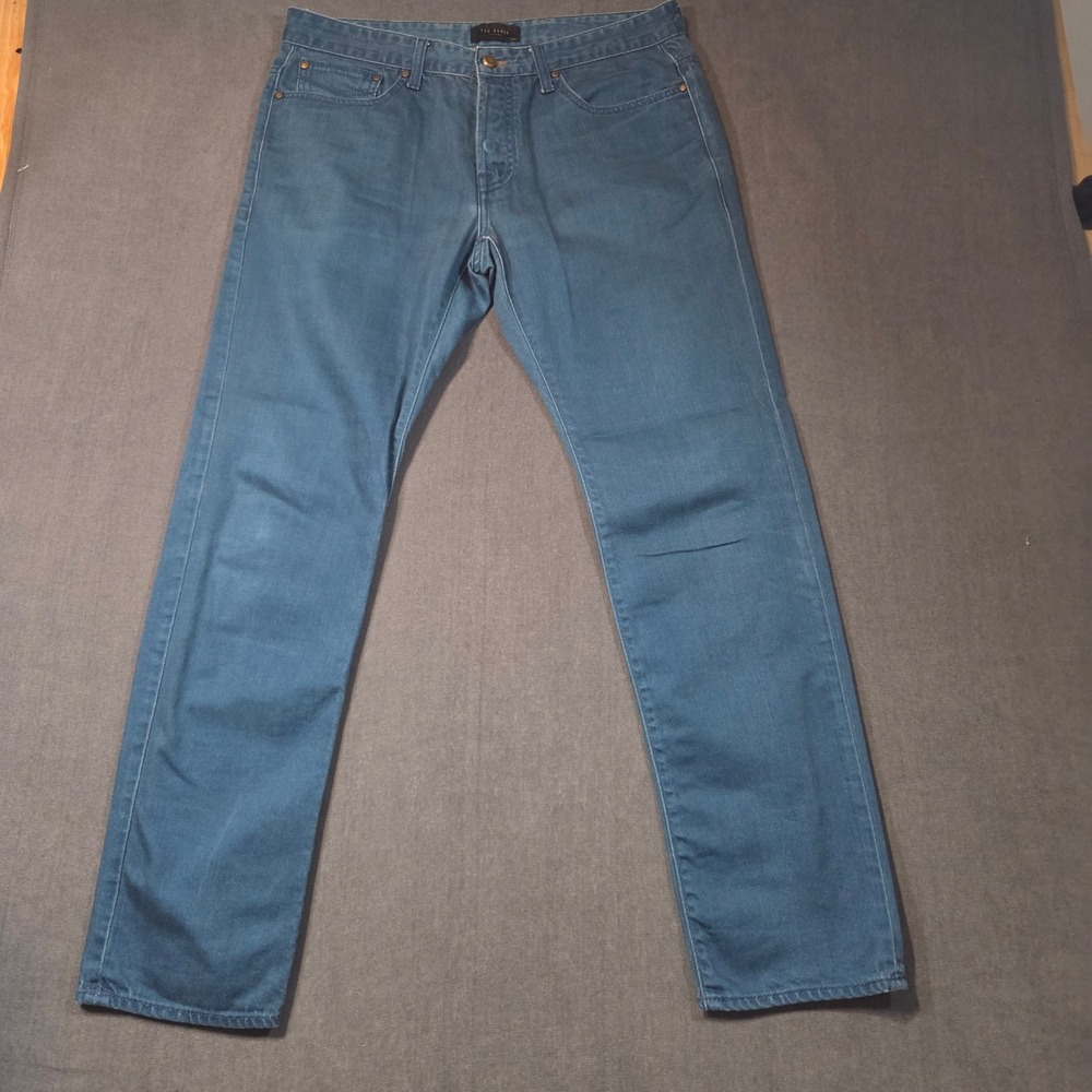 Ted Baker Jeans Mens 34x29 Teal Blue Straight Leg Button Fly Denim Trousers